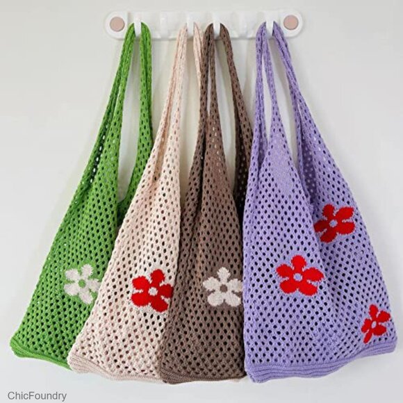 Large Crochet Tote Bag Hobo Bag Polyester Knitted Durable Stretchy - Picture 4 of 6